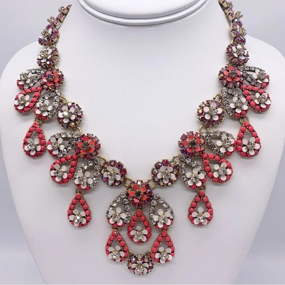 J. Crew Red Pink Coral Orange Jeweled Necklace.